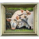 ‡ DAVID WILSON BRIDELL oil on board - entitled verso 'Three Young Pigs', signed and dated 1994, 25 x