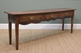 18TH CENTURY JOINED FRUITWOOD NARROW DRESSER BASE, triple boarded top above three frieze drawers and