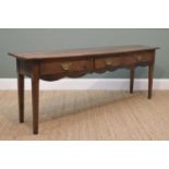 18TH CENTURY JOINED FRUITWOOD NARROW DRESSER BASE, triple boarded top above three frieze drawers and