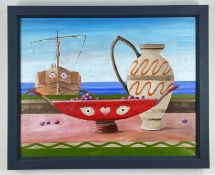 RICHARD O'CONNELL oil on canvas - Grecian vessels, grapes and sail-boat, signed, 2021, 39 x