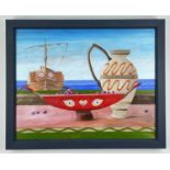 RICHARD O'CONNELL oil on canvas - Grecian vessels, grapes and sail-boat, signed, 2021, 39 x