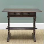 RENAISSANCE-STYLE FLEMISH STAINED OAK TRESTLE END TABLE, moulded rectangular top above frieze drawer