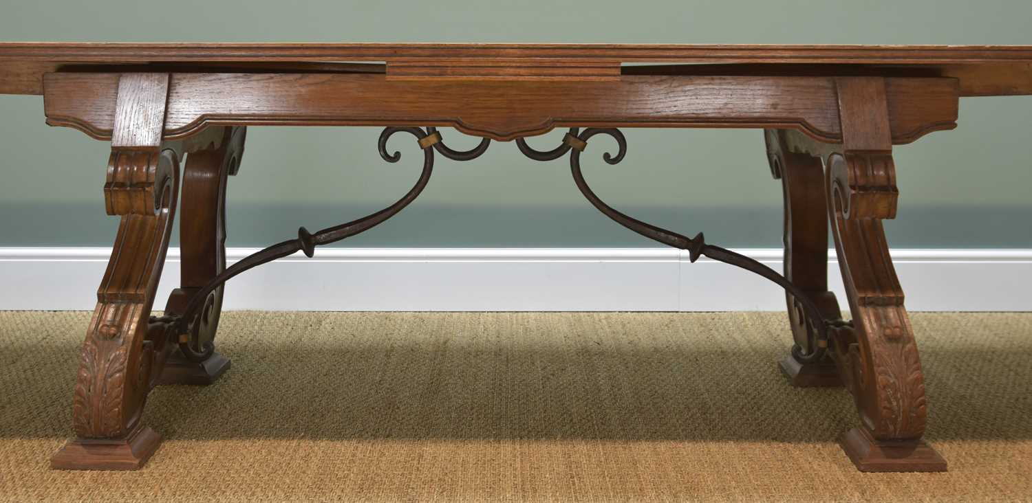 SPANISH STYLE CHERRYWOOD DINING SUITE, drawer leaf table with parque top, above foliate carved - Image 3 of 4