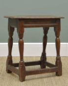 17TH CENTURY JOINED OAK STOOL, moulted top above line moulded frieze, slender baluster legs tied