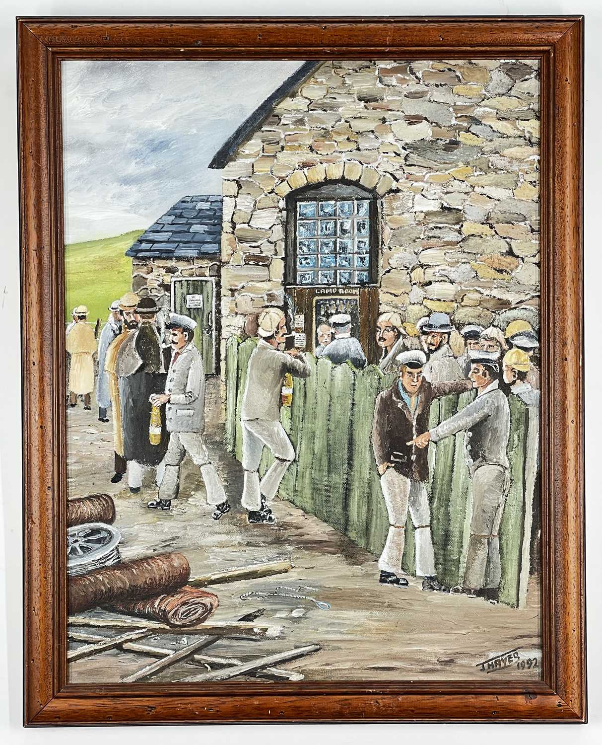 J HAYES oil on board - historical Welsh scene, entitled verso 'Rescue Gang Collecting Lamps, Parc