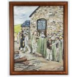 J HAYES oil on board - historical Welsh scene, entitled verso 'Rescue Gang Collecting Lamps, Parc