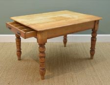 VICTORIAN PINE KITCHEN TABLE, with end frieze drawer, on turned legs, 122 x 91cms Comments: top