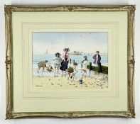 ALBERT W SMITH, watercolour- Edwardian family paddling on a beach with pier in the distance, signed,