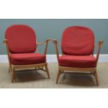 PAIR ERCOL WINDSOR '203' ARMCHAIRS, beech and elm in blonde finish, 117cms h (2) Provenance: