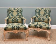 PAIR OF LOUIS XV-STYLE FAUTEUILS, green damask upholstery, 'antiqued' painted Rococo frame, 96cms