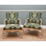 PAIR OF LOUIS XV-STYLE FAUTEUILS, green damask upholstery, 'antiqued' painted Rococo frame, 96cms