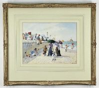 ALBERT W SMITH, watercolour- Edwardian family walking on a beach beside sea wall, signed, 23 x