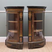 PAIR NAPOLEON III EBONISED 'BOULLE' TYPE CORNER CABINETS, bowfront with outset corners, gilt