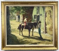 ‡ HARRY WALTON FRECKLETON (1890-1979) oil on canvas - Adjusting Her Stirrup, child on a pony with