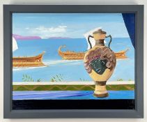 RICHARD O'CONNELL oil on canvas - Grecian vase on window with two archaic style sail-boats,