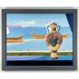 RICHARD O'CONNELL oil on canvas - Grecian vase on window with two archaic style sail-boats,