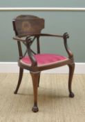 EMPIRE-STYLE INLAID STAINED BEECH ARMCHAIR, c.1900, laurel wreath decorated bowed tablet back,