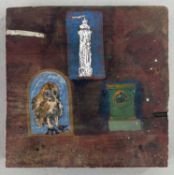 ‡ LESLEY KERMAN oil on wood - entitled verso 'The Owl, The Clock or The Lighthouse', 16 x