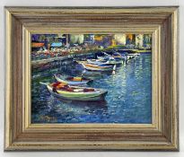 ‡ MATT BRUCE, oil on board - Harbour boats, signed, 29 x 39cms