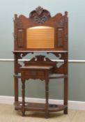 EDWARDIAN OAK HALL STAND, carved surround to the mirror back, above table with glove drawer, gilt