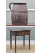 WELSH ANTIQUE OAK SIDE TABLE & COOPERED JUG, table with triple boarded top above frieze drawer 69w x