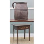 WELSH ANTIQUE OAK SIDE TABLE & COOPERED JUG, table with triple boarded top above frieze drawer 69w x