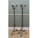 PAIR WROUGHT IRON TRIPOD STANDARD LAMPS, 154cms h (2)Comments: light fittings loose, in need of