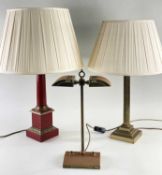 THREE BRASS TABLE LAMPS, including Corinthian column lamp, 44cms high, and a double down light,