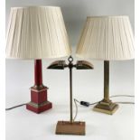 THREE BRASS TABLE LAMPS, including Corinthian column lamp, 44cms high, and a double down light,