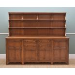 ERCOL 'OLD COLONIAL' ELM DRESSER, golden dawn finish, low delft rack above base fitted cupbaods