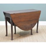 MID-18TH CENTURY OAK GATELEG DINING TABLE, oval drop-flap top above shaped friexe, tapering club