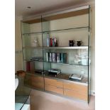 CONTEMPORARY GLASS LOUNGE UNIT, fitted with open shelves, doors and drawer bases, 215h x 205w x