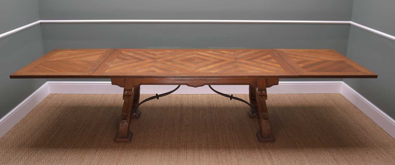 SPANISH STYLE CHERRYWOOD DINING SUITE, drawer leaf table with parque top, above foliate carved - Image 2 of 4