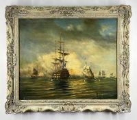 FOLLOWER OF THOMAS LUNY, oil on canvas laid down - British ship of the line firing on small