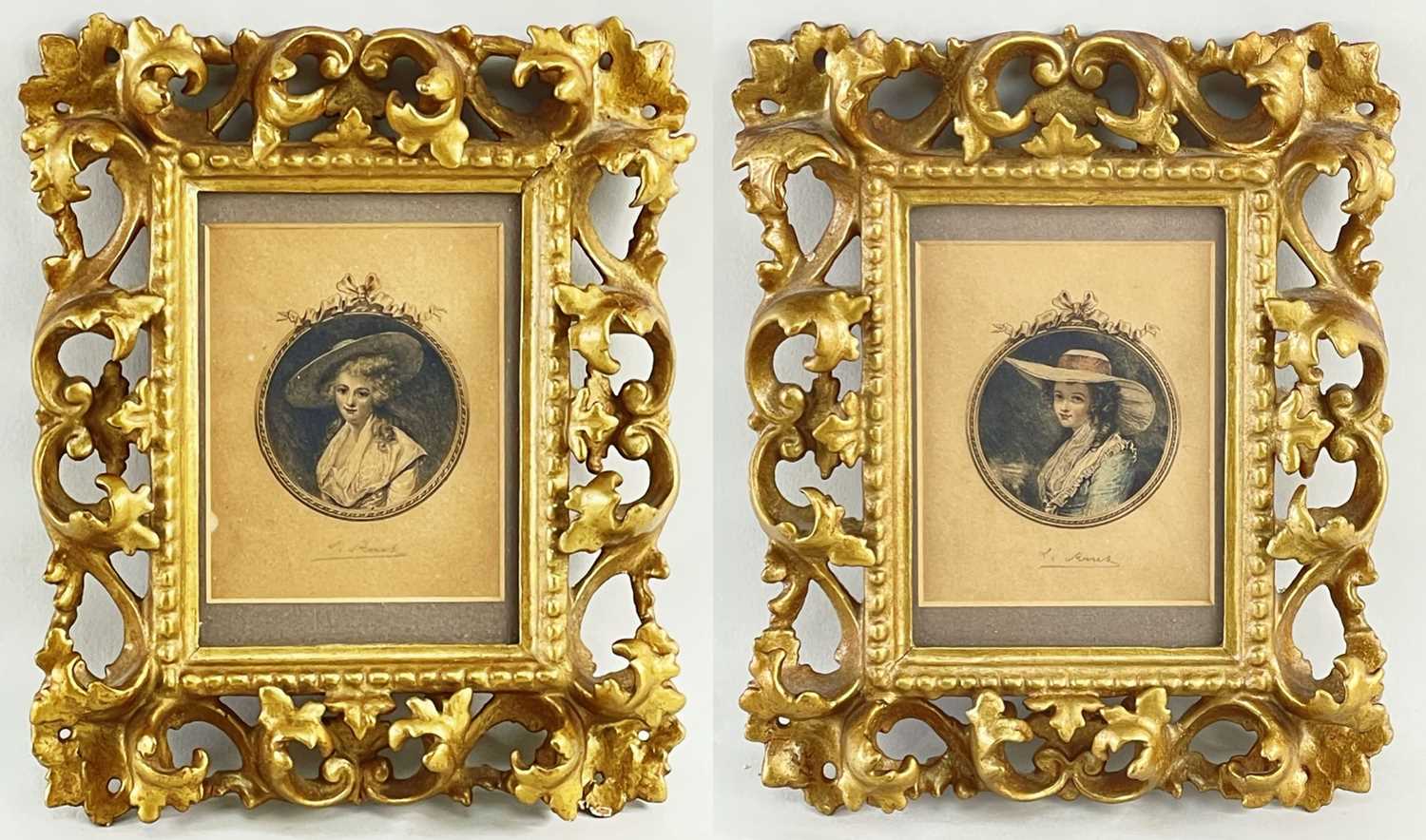 PAIR OF FLORENTINE FRAMED PORTRAIT PRINTS, later hand-coloured, of Lavinia...