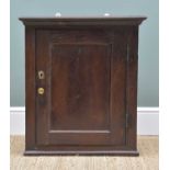 18TH CENTURY OAK MURAL CUPBOARD, ogee cornice above single panelled door, moulded base, 65w x 36d