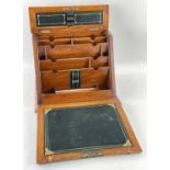 VICTORIAN OAK STATIONERY BOX, hinged top and angled fall with carry andble and lock respectively,