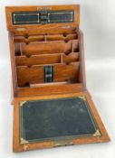 VICTORIAN OAK STATIONERY BOX, hinged top and angled fall with carry andble and lock respectively,