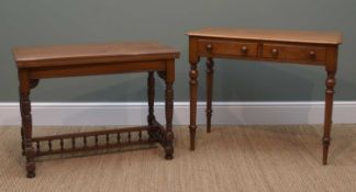 TWO VICTORIAN WALNUT TABLES, comprising side table fitted with two frieze drawers on turned legs,