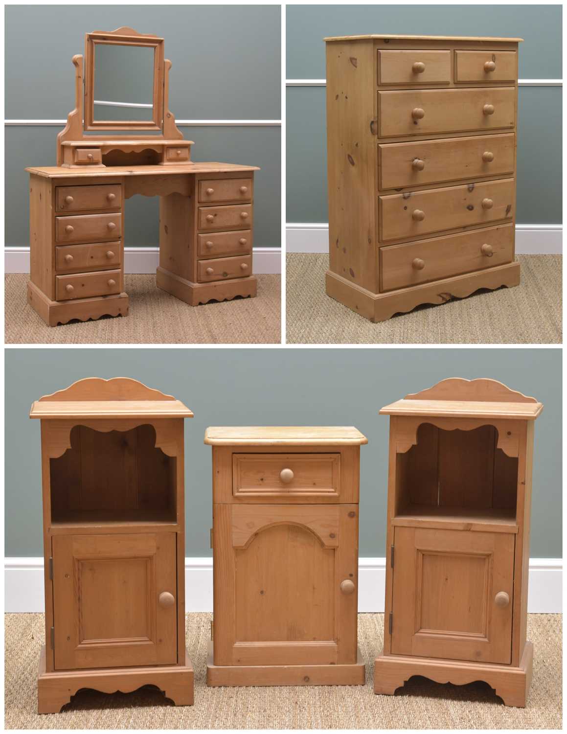 ASSORTED MODERN PINE BEDROOM FURNITURE, comprising six-drawer chest, three bedside cupboards,
