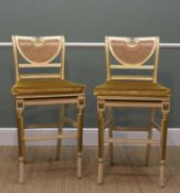 PAIR OF MODERN REGENCY-STYLE PAINTED & CANED TALL CHAIRS, with loose cushions, 106cms high (2)