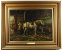 AFTER GEORGE MORLAND oil on canvas - Cart Horse in a Stable drinking form a trough, with attendant