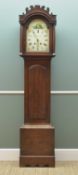 19TH CENTURY 8-DAY OAK LONCASE CLOCK, Herman & Co. Lynn, 11in. painted break arch dial with cottage,