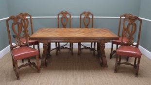SPANISH STYLE CHERRYWOOD DINING SUITE, drawer leaf table with parque top, above foliate carved