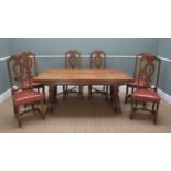 SPANISH STYLE CHERRYWOOD DINING SUITE, drawer leaf table with parque top, above foliate carved