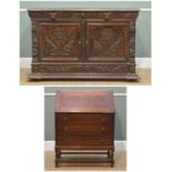 RENAISSANCE-STYLE FLEMISH OAK SIDEBOARD & A BUREAU, sideboard carved and stained and fitted with 2