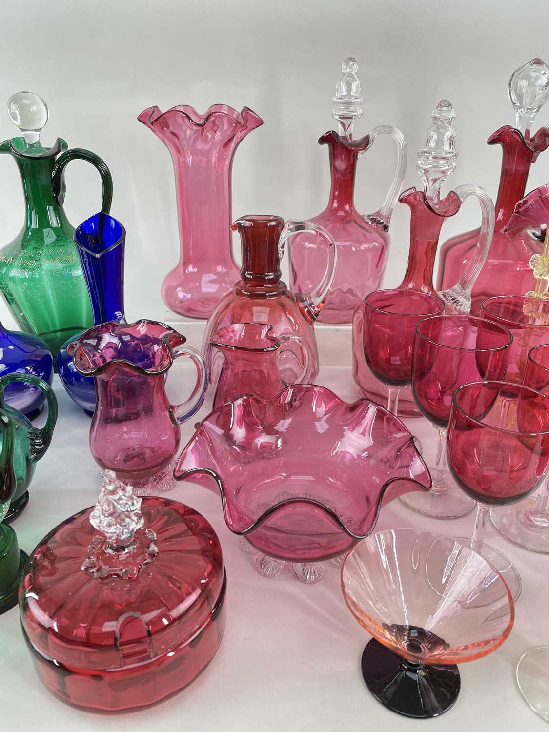 ASSORTED VICTORIAN COLOURED GLASSWARE, including three cranberry decanter jugs and stoppers, pair - Image 3 of 5
