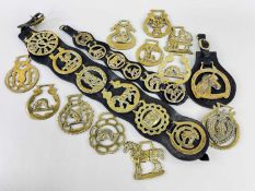 ASSORTED HORSE BRASSES, including two leather-mounted groups and a single (24)