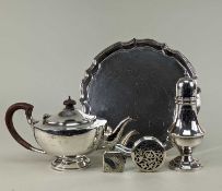 GROUP SILVER ITEMS, including George VI teapot, modern silver salver, 25.3cm diam, modern sugar