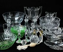 ASSORTED GLASS SERVING BOWLS, JUGS & PR SWAROVSKI CANDLESTICKS, including an engraved 5-pc.